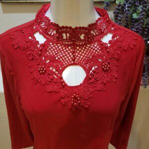 EMMA & OLIVE, Small. Red long sleeve blouse, crotched & beaded neck.
